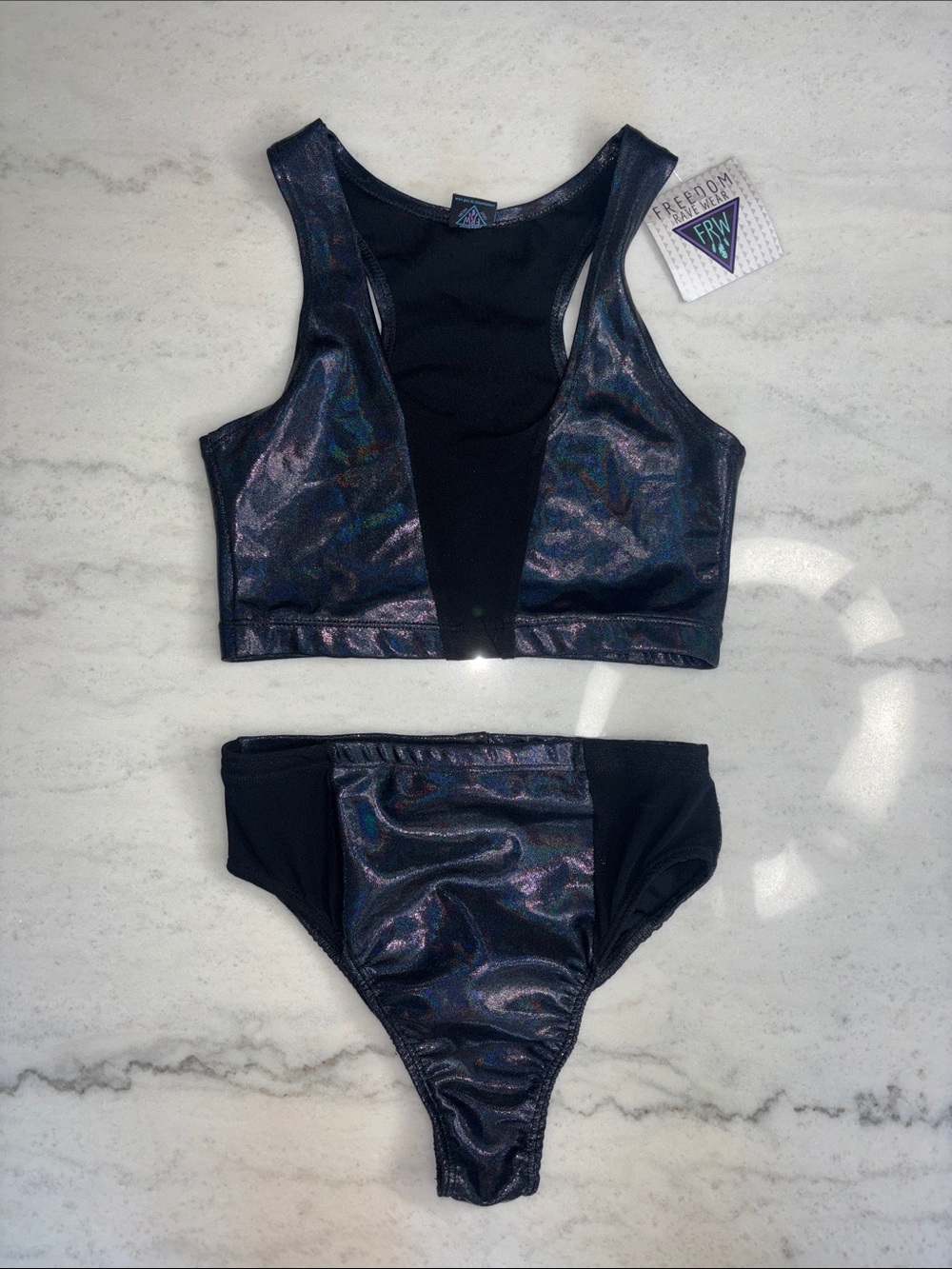 Freedom Rave Wear Iridescent Black Racerback Bra and High-Cut Bottom Set SMALL